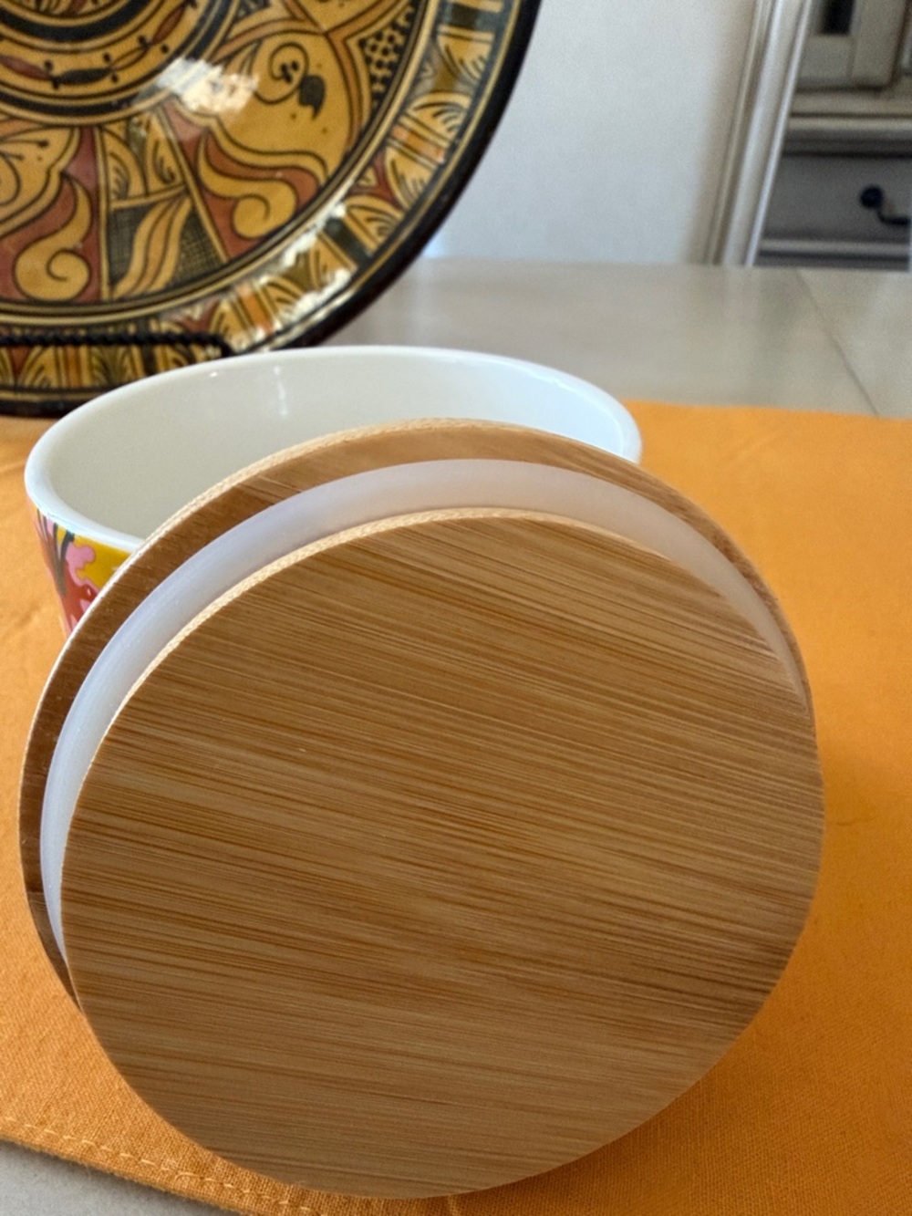 Ceramic Storage Jar with Bamboo Lid - Yellow & Red Leaf Design - Picture 8 of 13